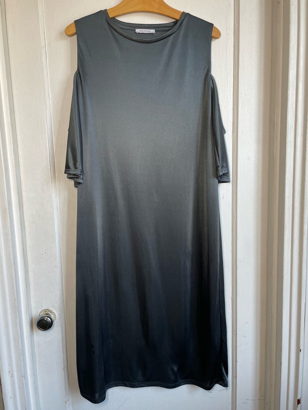 Zara Trafaluc Grey Midi Dress L Cold Shoulder Gunmetal Slate Fully Lined